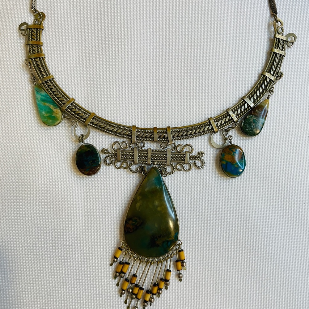 PERUVIAN Handmade Wire Alpaca Silver With Green Stones Necklace